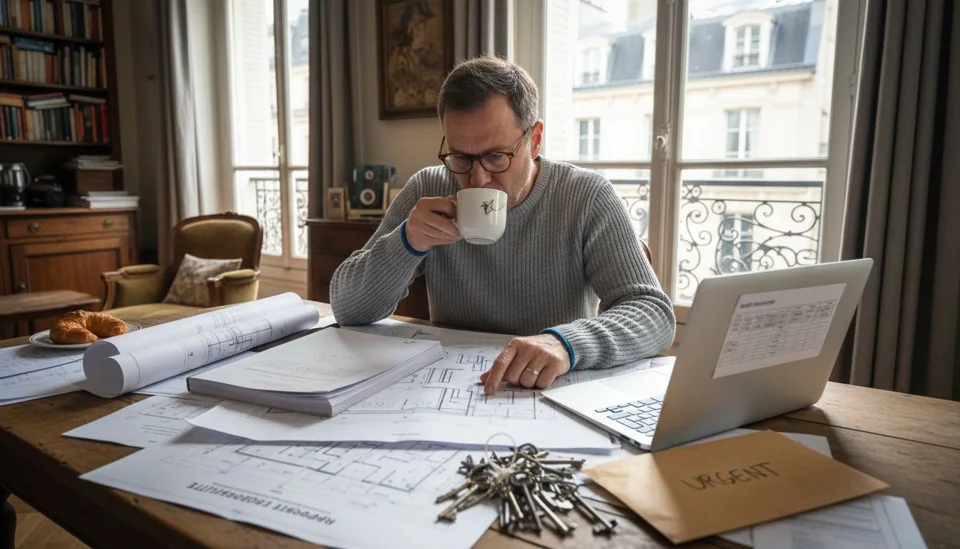 Le propriétaire examine attentivement le rapport sur l’amiante, installé à la table de sa cuisine.