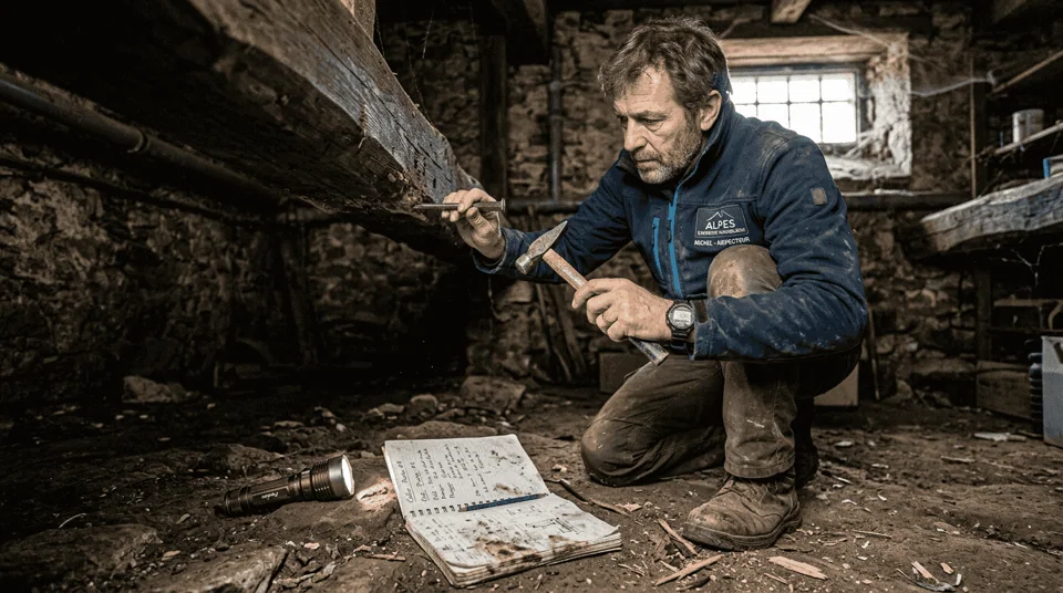 Un spécialiste examine une poutre en bois afin de détecter la présence de termites.