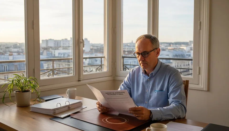 Un conseiller immobilier en sopalin devant un rapport DTG, attentif aux moindres détails pour accompagner au mieux ses clients.
