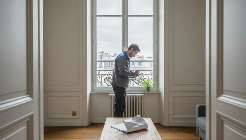 Un technicien réalise le contrôle du système de chauffage dans le salon dans le cadre du diagnostic de performance énergétique.
