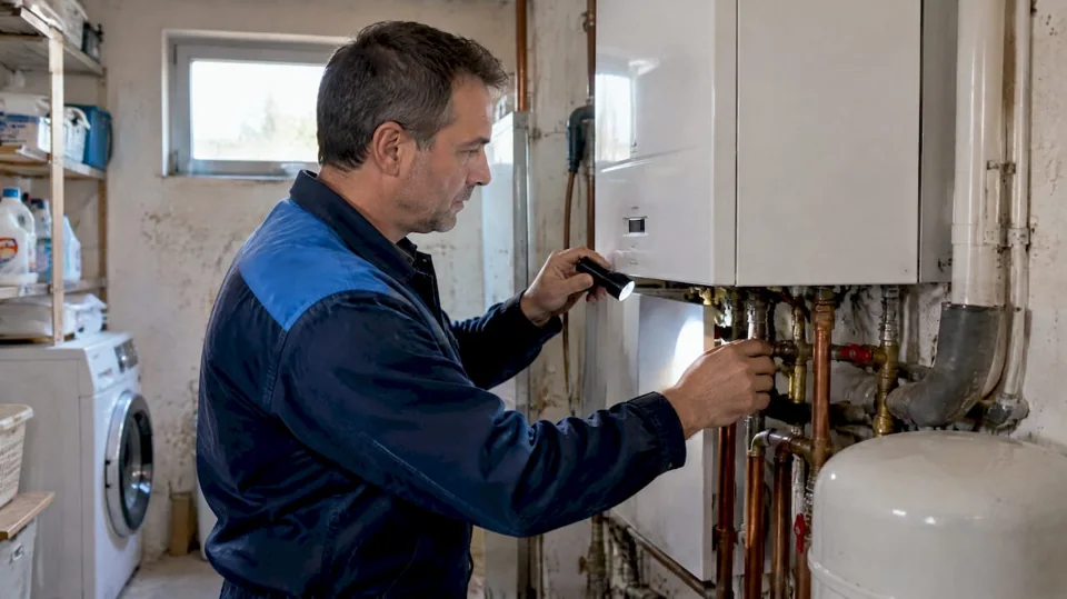 Technicien effectuant le contrôle d'une chaudière à gaz
