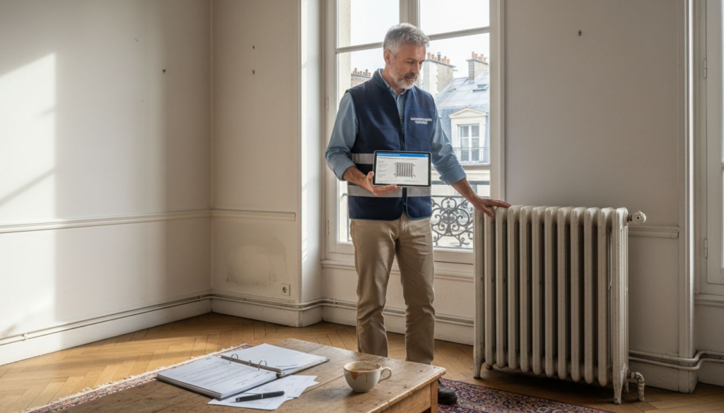 Un expert réalise l’analyse énergétique d’un appartement pour établir le DPE, indispensable lors d’une vente ou d’une location.
