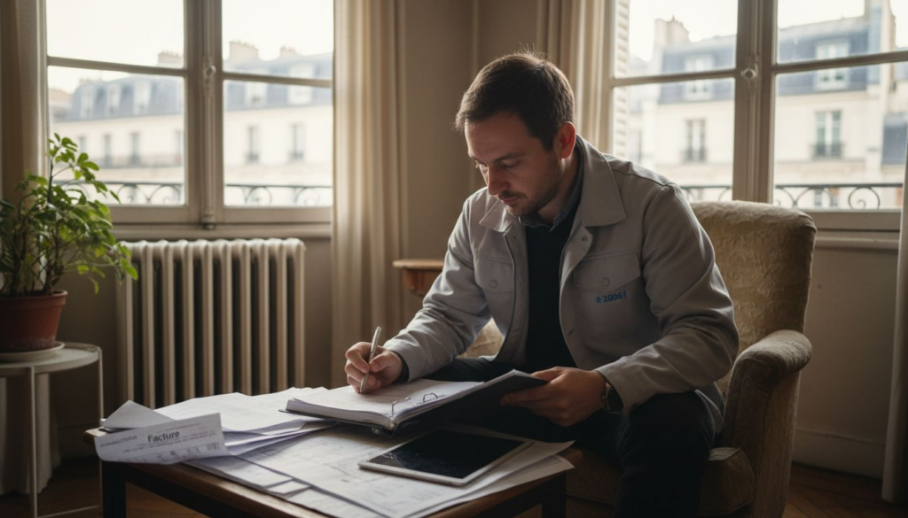 Un expert en diagnostic immobilier examine le dossier de performance énergétique dans le salon.