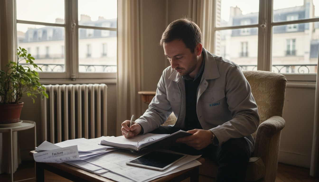 Un expert en diagnostic immobilier examine le dossier de performance énergétique dans le salon.
