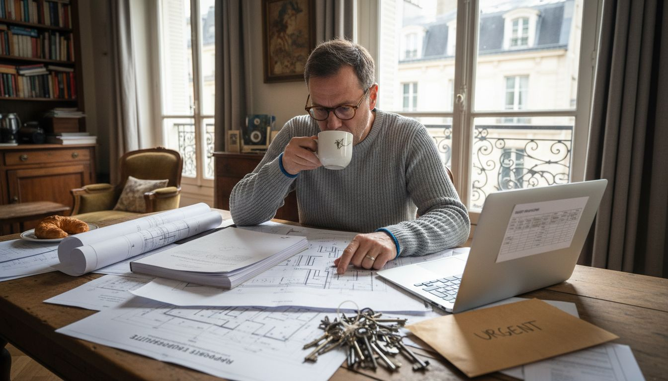 Le propriétaire examine attentivement le rapport sur l’amiante, installé à la table de sa cuisine.