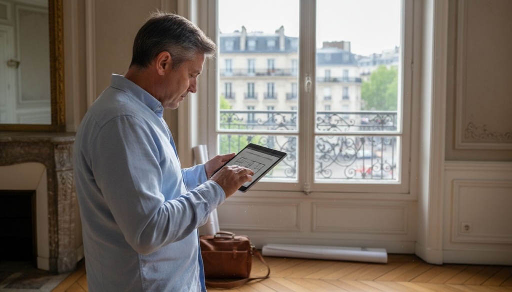 Un spécialiste de l’immobilier passe en revue chaque détail d’un appartement haussmannien.