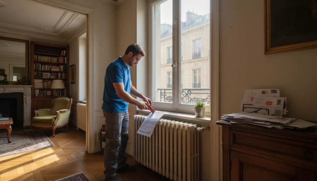 Un expert en performance énergétique procède à l’inspection du séjour d’un appartement.