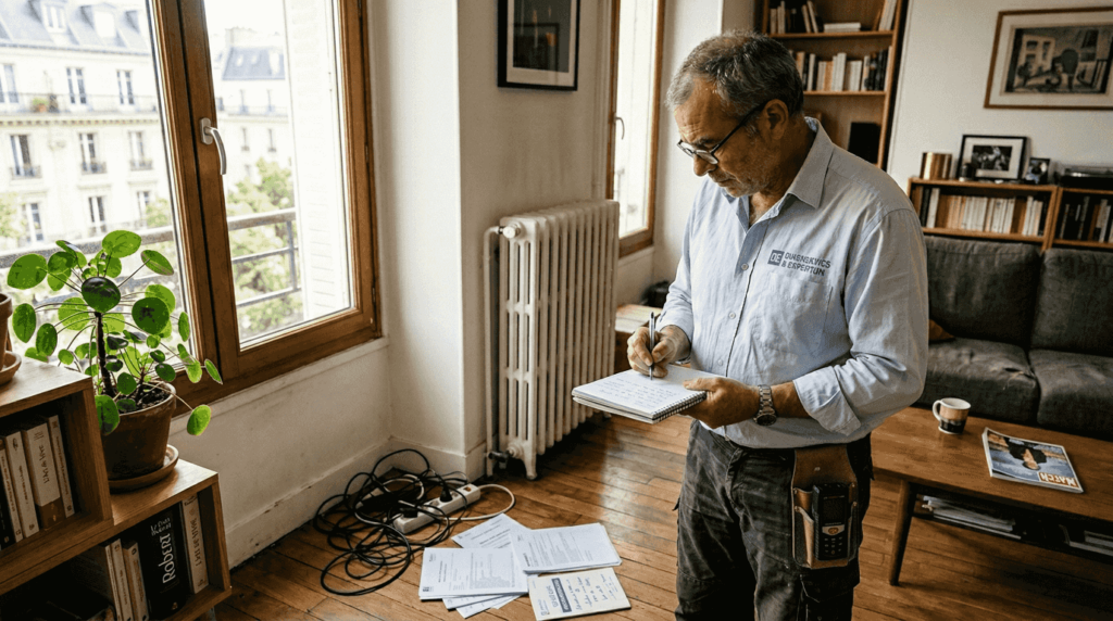 Un spécialiste réalise une visite technique pour évaluer l’état d’un appartement.