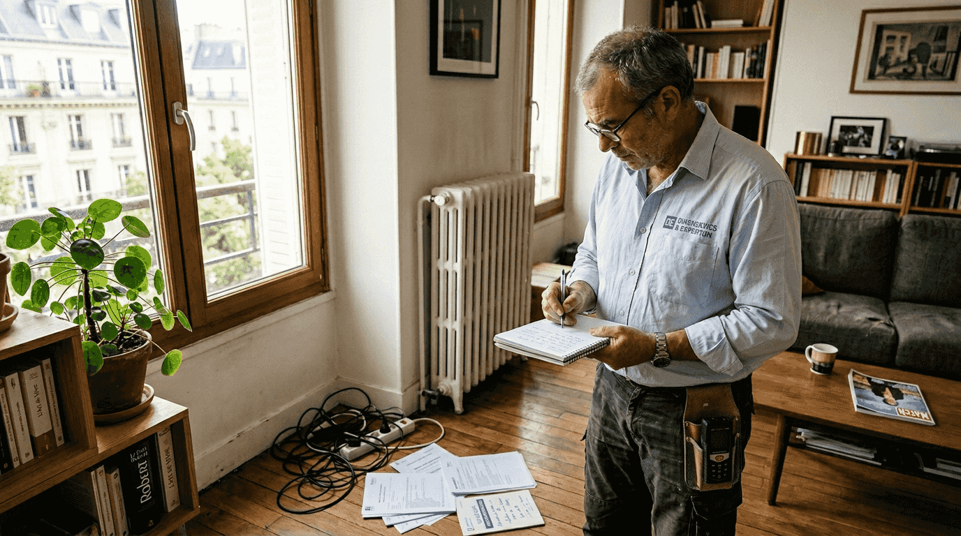 Un spécialiste réalise une visite technique pour évaluer l’état d’un appartement.
