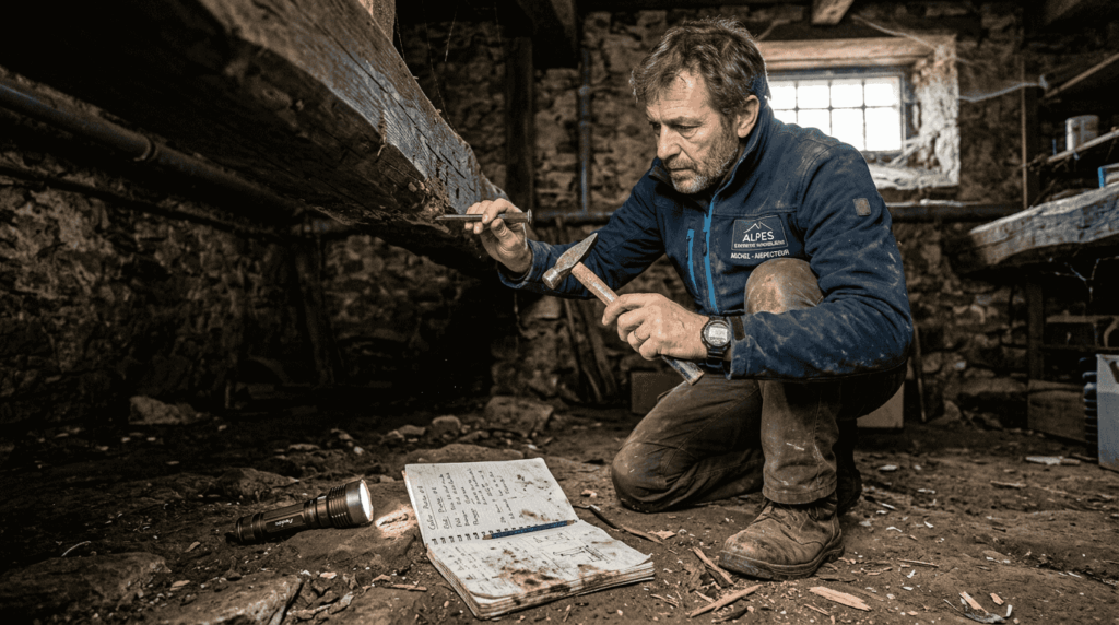 Un spécialiste examine une poutre en bois afin de détecter la présence de termites.