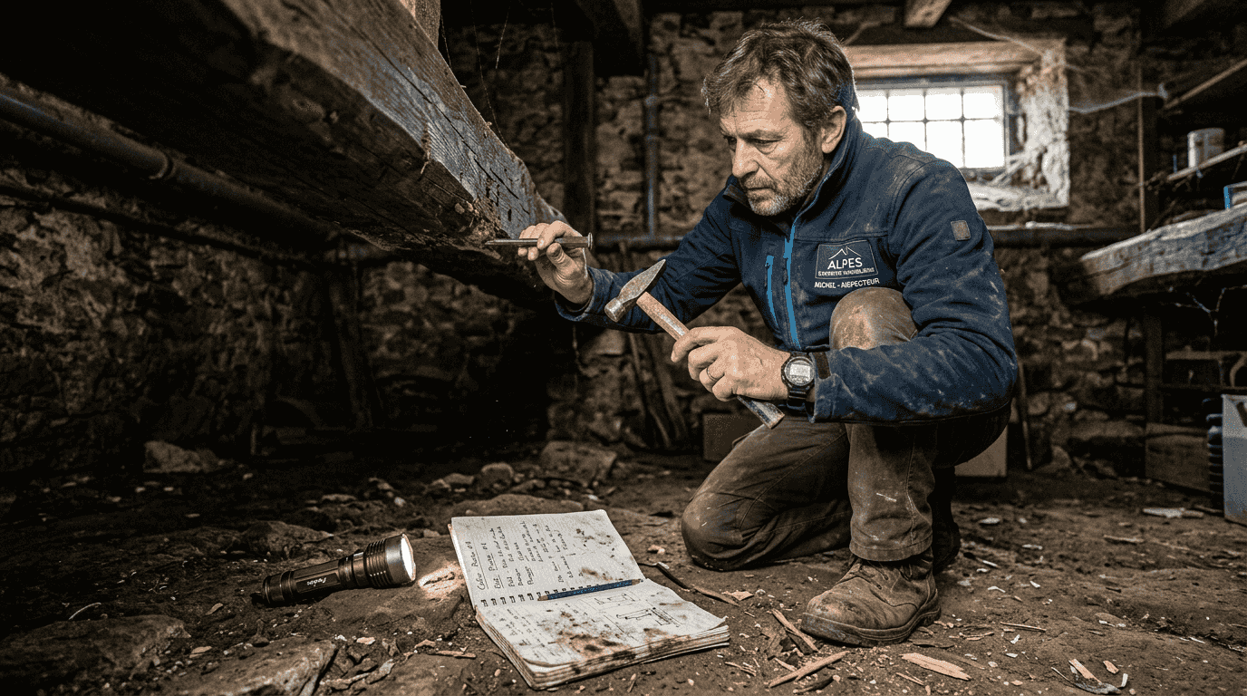 Un spécialiste examine une poutre en bois afin de détecter la présence de termites.