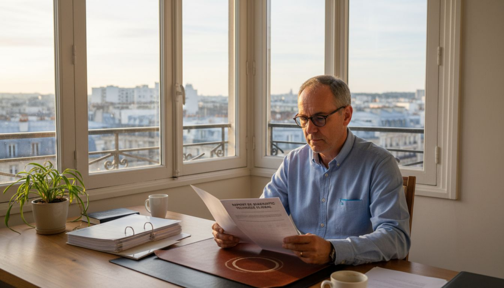 Un conseiller immobilier en sopalin devant un rapport DTG, attentif aux moindres détails pour accompagner au mieux ses clients.