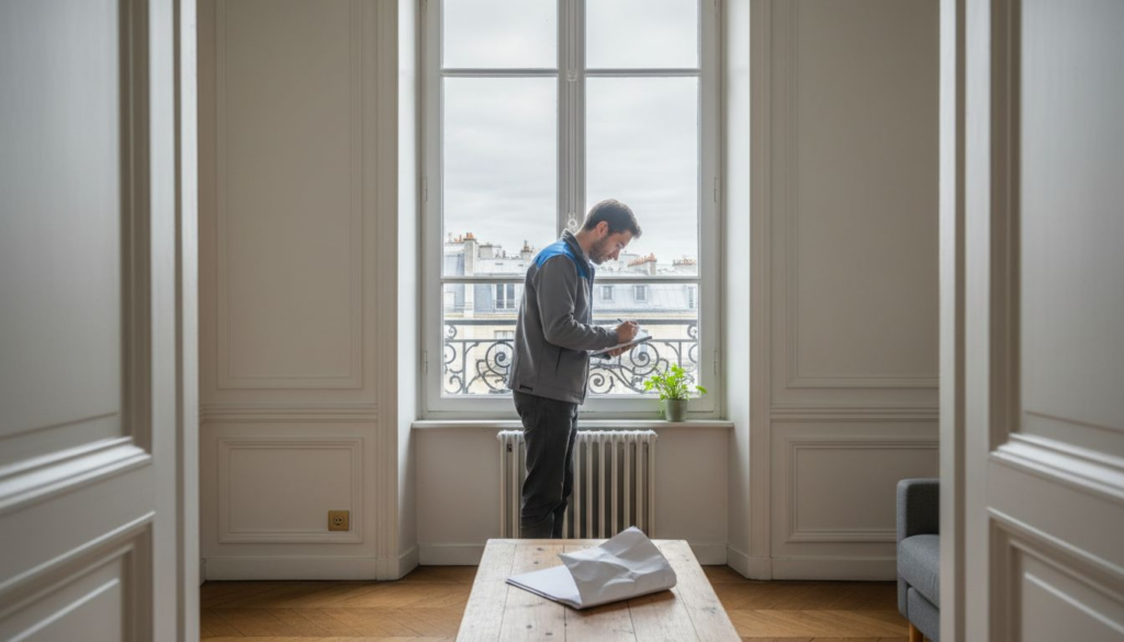 Un technicien réalise le contrôle du système de chauffage dans le salon dans le cadre du diagnostic de performance énergétique.