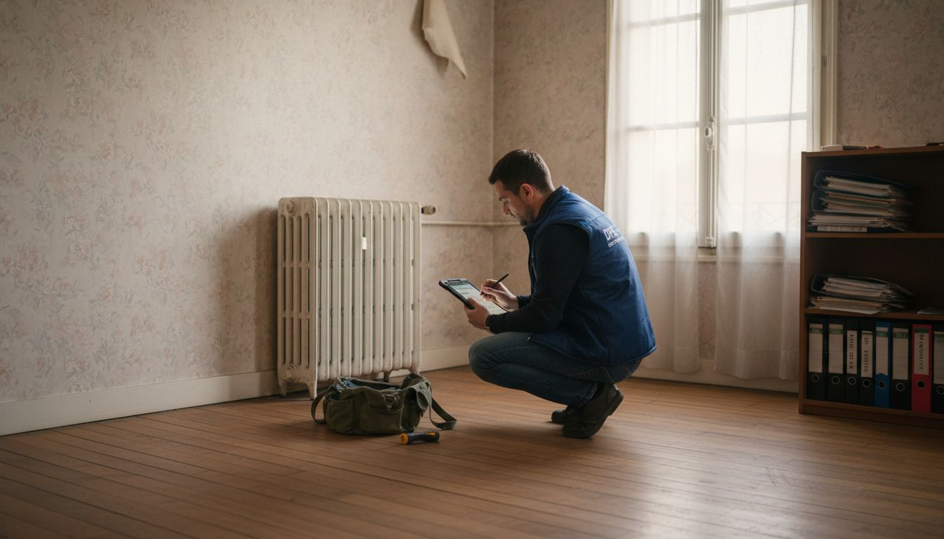 Un diagnostiqueur DPE effectue une évaluation énergétique dans le séjour d’un appartement ancien.