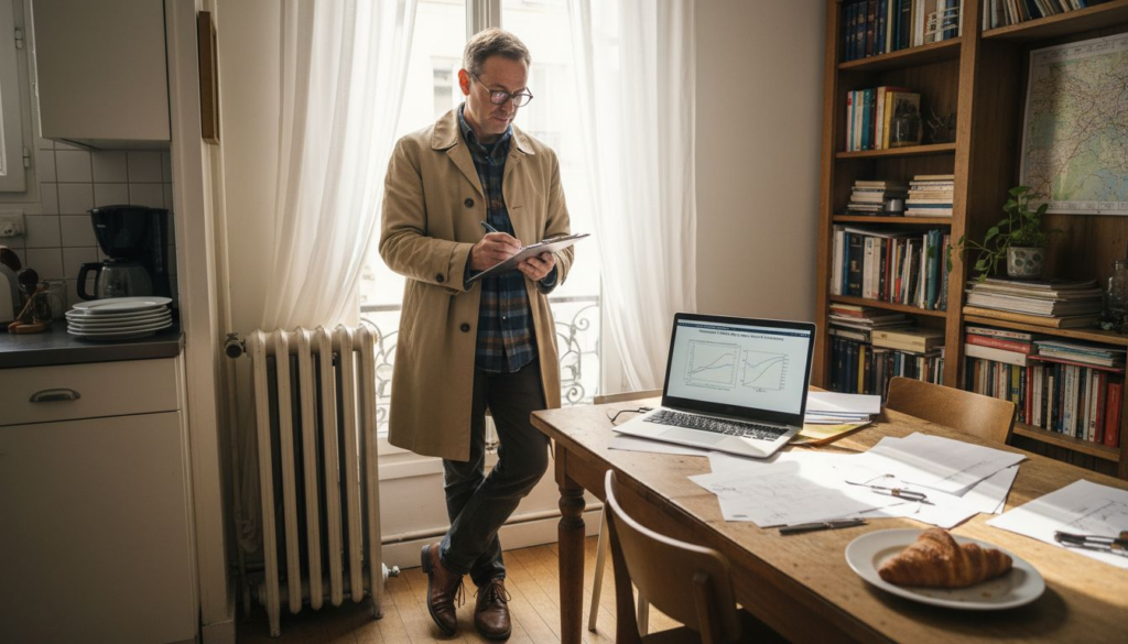 Un expert en énergie réalise le diagnostic de performance énergétique (DPE) d’un appartement parisien.