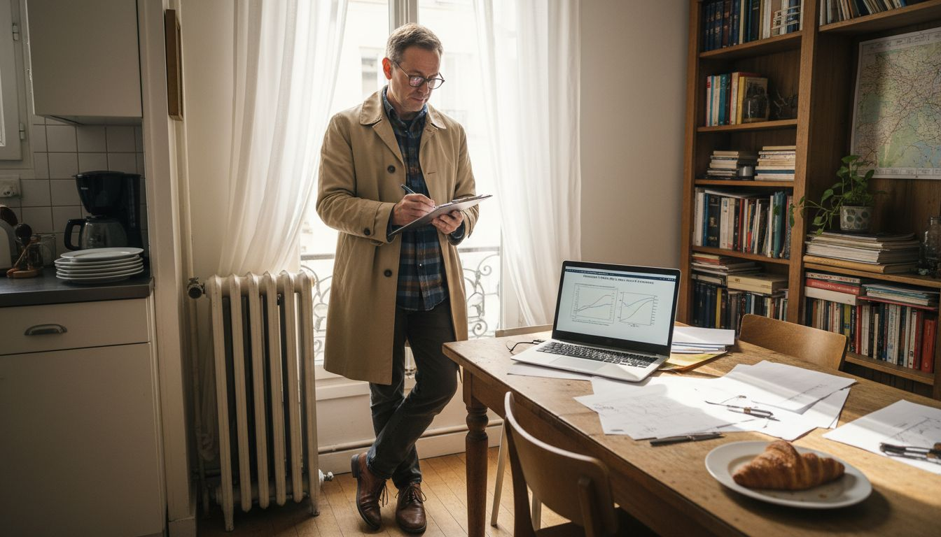 Un expert en énergie réalise le diagnostic de performance énergétique (DPE) d’un appartement parisien.