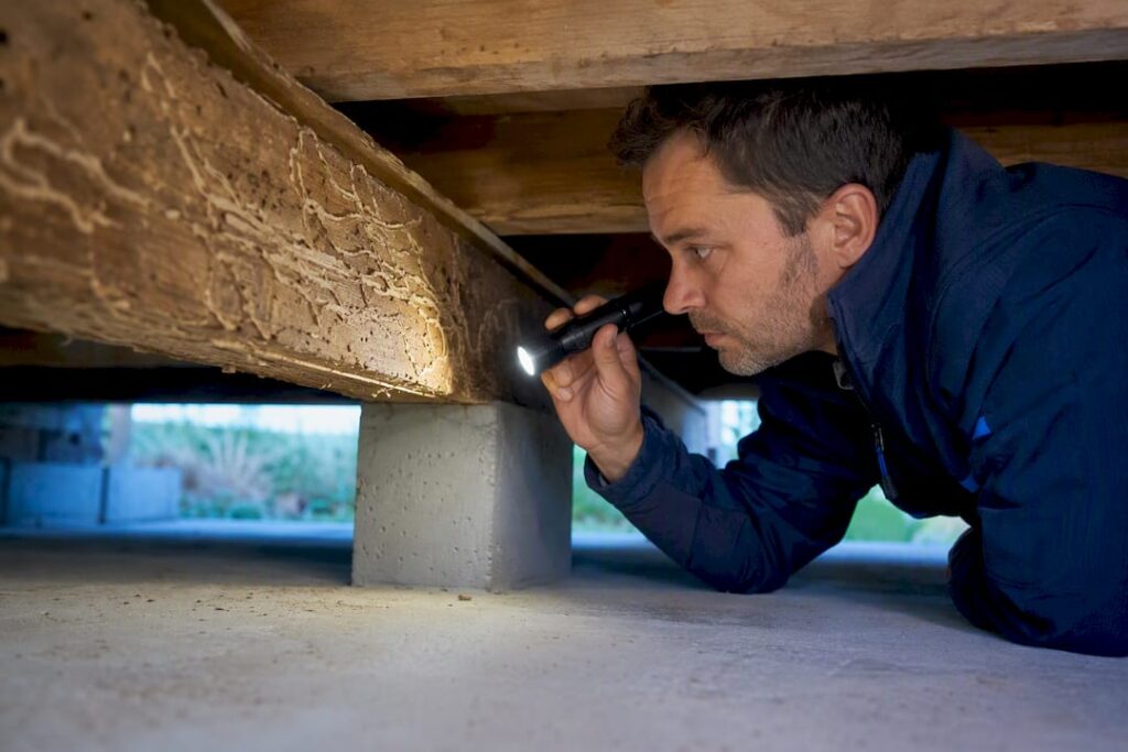 Expert en diagnostic inspectant une poutre infestée