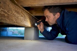 Expert en diagnostic inspectant une poutre infestée