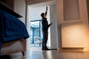Expert en diagnostic évaluant un petit appartement