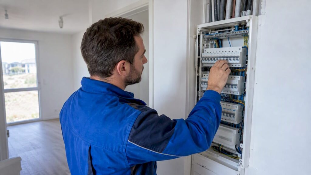 Électricien examinant un tableau électrique fraîchement installé